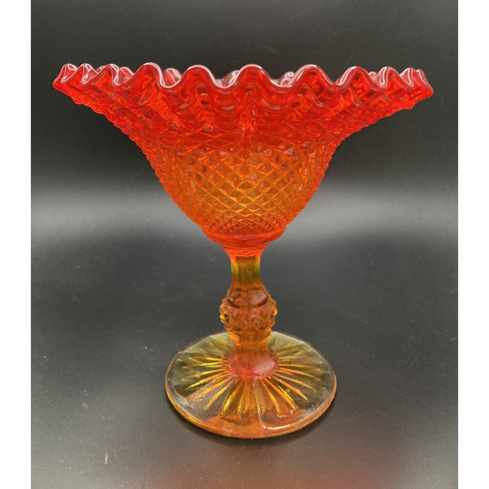 Fenton? Amberina Red / Orange Art Glass Ruffle-Edge Pedestal Bowl - Ornate Dish